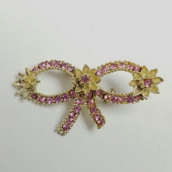 Vintage Light Pin Rhinestone Bow Shape Brooch, Gold Tone Setting Retro Design - Picture 1 of 7